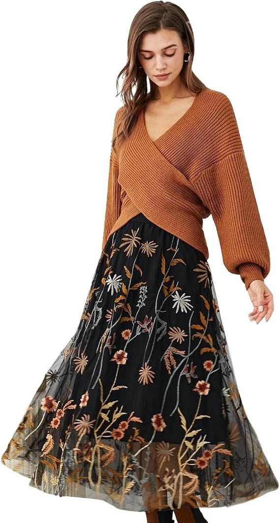 Black Floral Embroidered Midi Skirt image 4